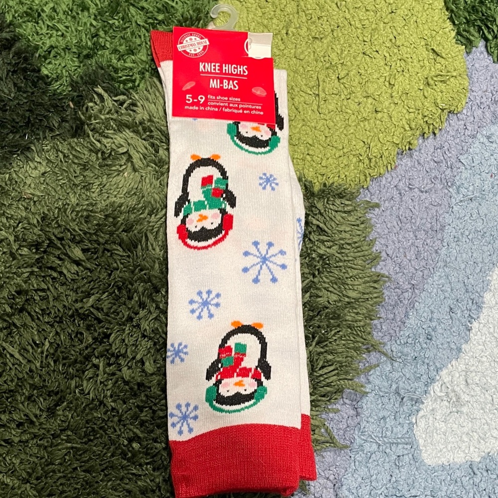 Festive Penguin Knee High Socks - Red and White